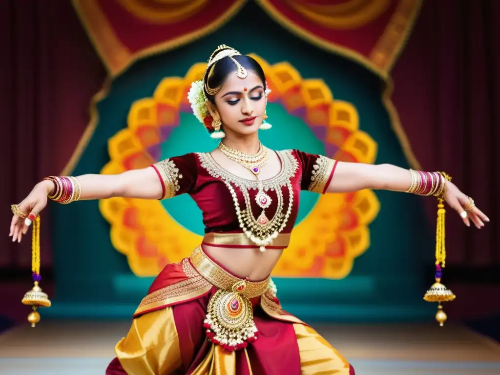 Danza clásica India: expresión divina en la elegante pose de Bharatanatyam, joyas y expresiva actuación en un escenario ricamente decorado