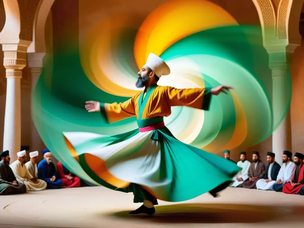 Un derviche sufi realizando la danza giratoria en un ritual espiritual