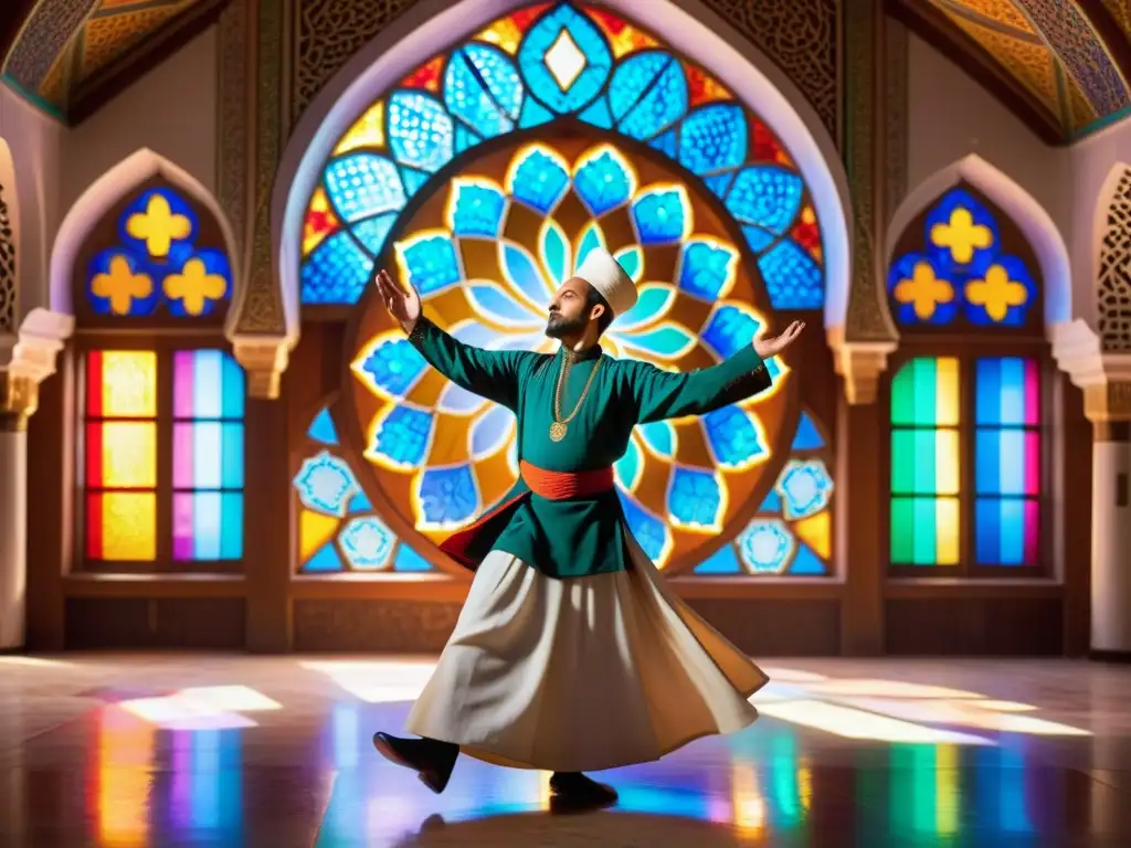 Sufi dervish: danza espiritual en mezquita Un derviche sufi girando con devoción en una hermosa mezquita llena de patrones geométricos y vitrales coloridos