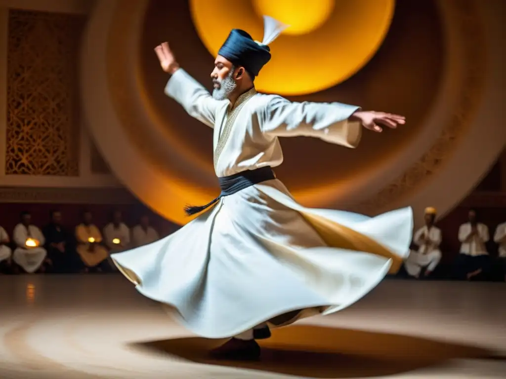 Un derviche sufí gira en éxtasis con sus túnicas blancas en un ambiente íntimo y espiritual, capturando la esencia del sufismo en el cine documentales