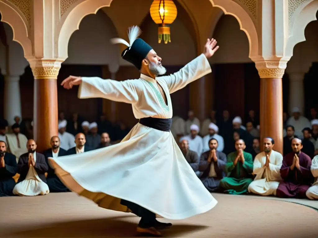 Un derviche sufí gira con gracia, iluminado por la luz y las sombras, evocando el simbolismo del giro Sufi