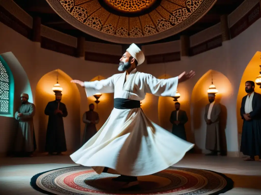 Un derviche sufí gira en una habitación tenue, con su túnica blanca ondeando