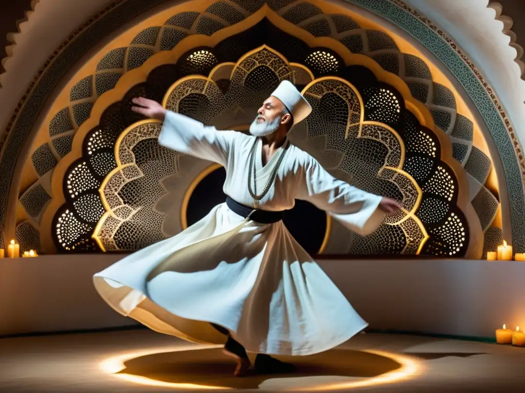 Un derviche sufí gira en meditación extática, creando patrones hipnóticos con su túnica blanca