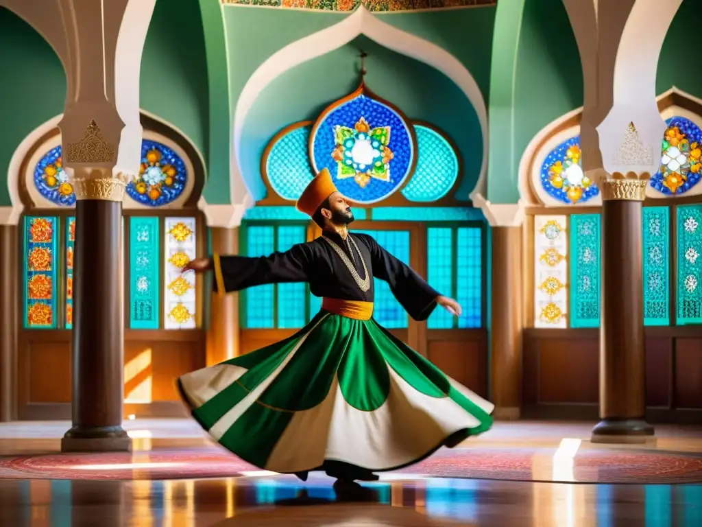 Un derviche sufí gira en una mezquita vibrante y ornamental, transmitiendo una sensación de trascendencia espiritual