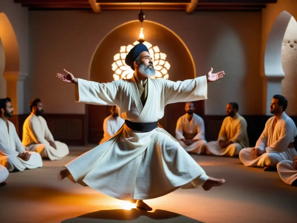 Un derviche sufí gira en trance, rodeado de espectadores en penumbra y luz de velas, simbolizando el giro espiritual