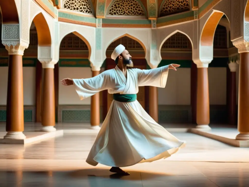 Un derviche sufí en trance espiritual, danzando entre arquitectura antigua