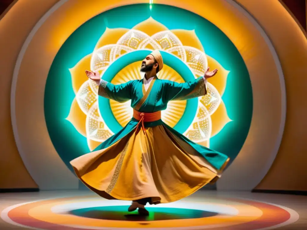 Un derviche sufí en trance extático, rodeado de luz dorada y patrones geométricos, capturando el concepto de unidad en Sufismo
