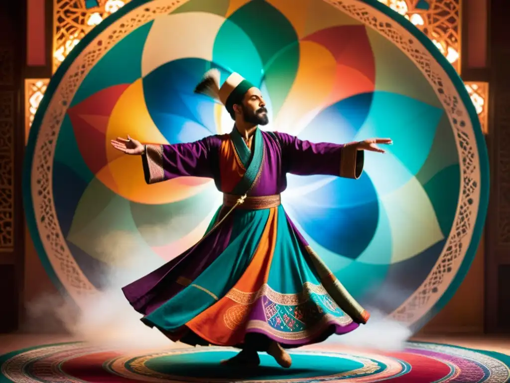 Un derviche sufí en trance, girando en una habitación vibrante y tenue, con sus túnicas coloridas creando patrones hipnóticos en el aire