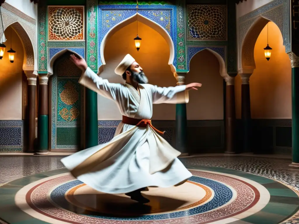 Un derviche sufi girando en trance en una mezquita decorada, evocando el misticismo sufí y su influencia islámica