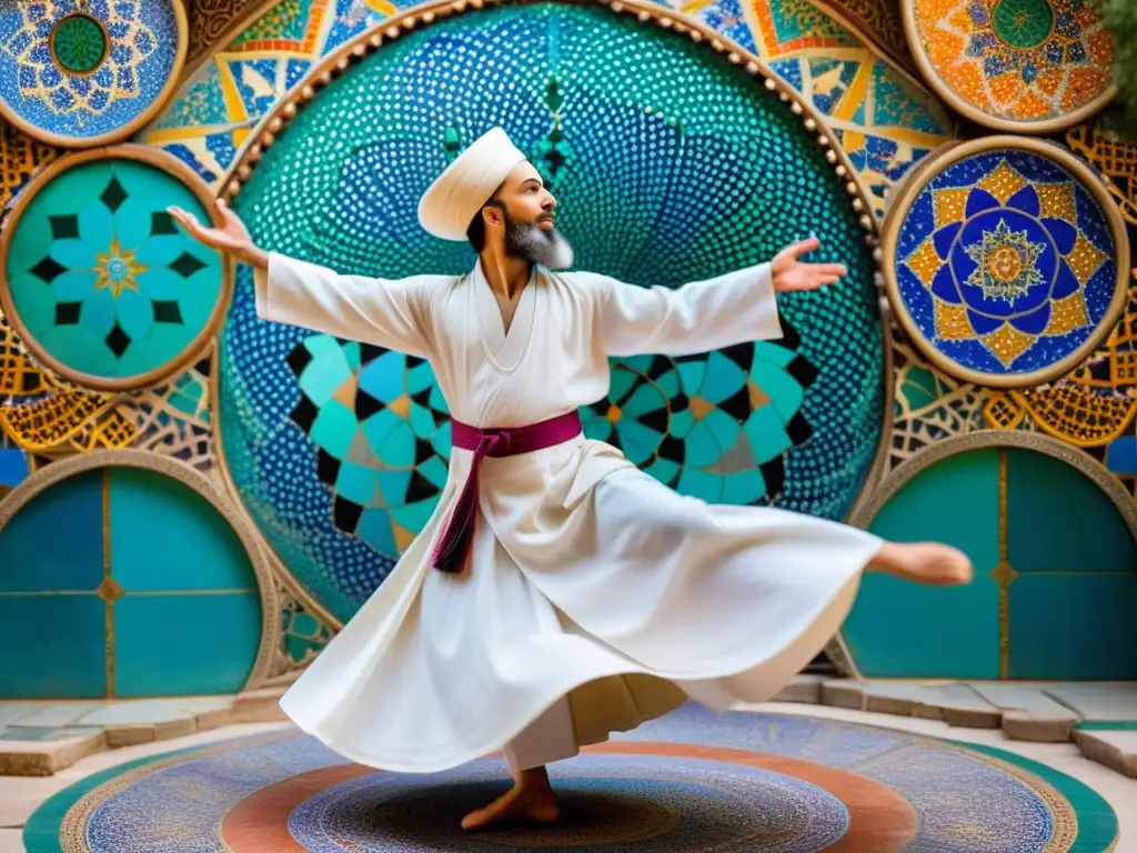 Un derviche sufí en trance, danzando entre mosaicos vibrantes