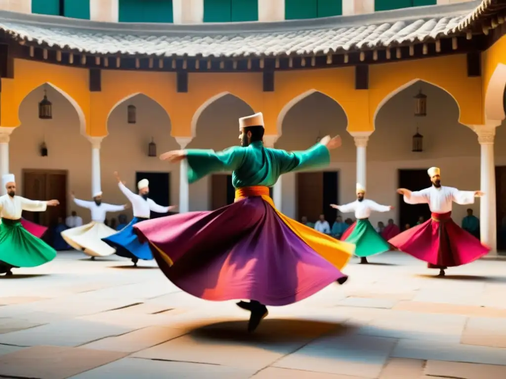 Danza mística: Derviche girando en trance Un derviche gira en trance, sus movimientos capturan la esencia del pensamiento Sufi búsqueda divino en un patio iluminado por el sol