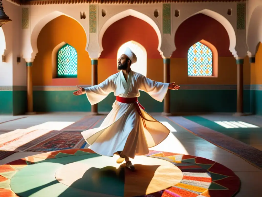 Trance espiritual: Derviche Sufi en movimiento Un derviche sufí en trance gira en un patio soleado, con patrones vibrantes en las paredes
