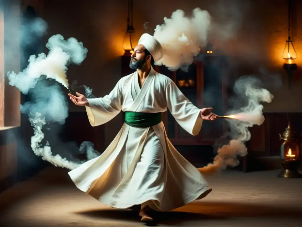 Éxtasis Sufi: Derviche girando en trance Un derviche sufí en trance, girando en su tradicional túnica blanca en una habitación llena de humo de incienso