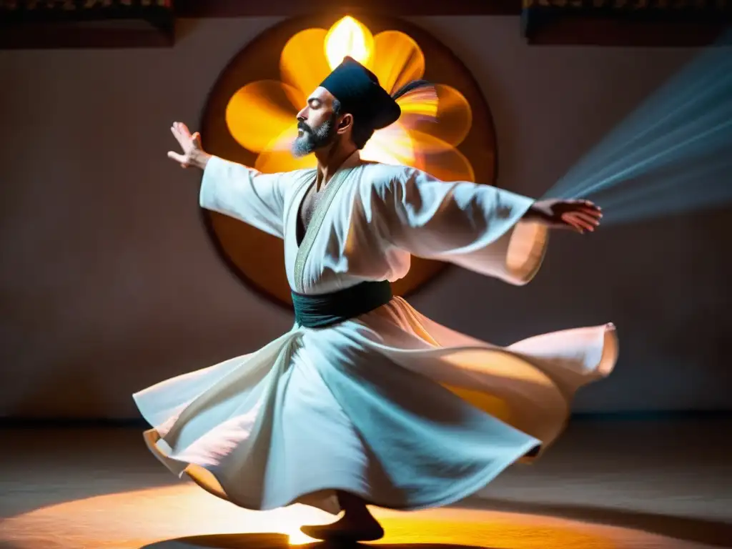 Un derviche gira en trance con su túnica blanca, capturando la esencia del Sufismo en el cine documentales