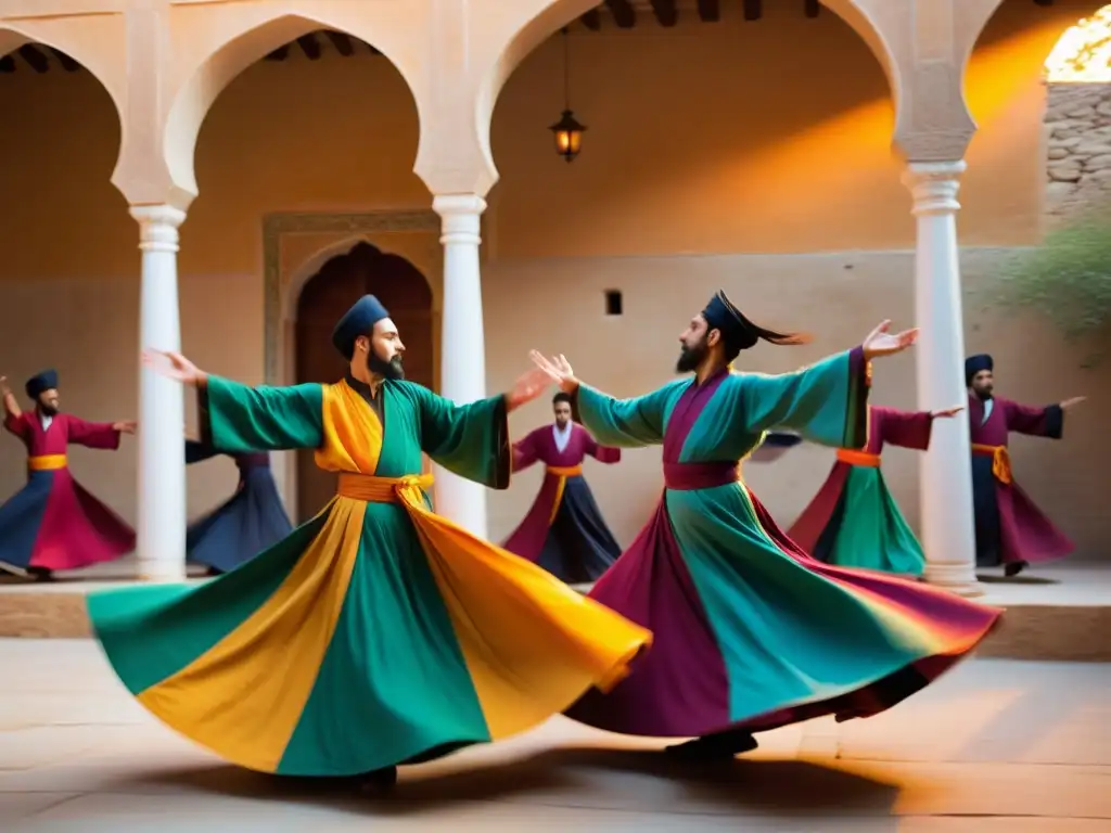 Sufi derviches danzando al atardecer en un ritual de Sufismo en la filosofía islámica