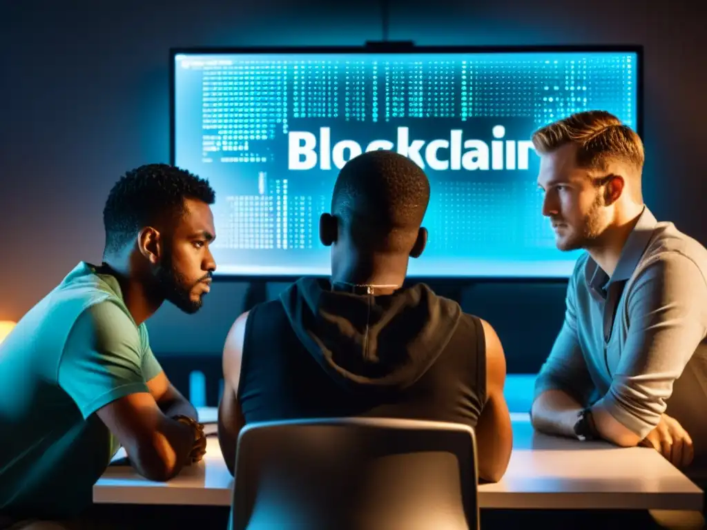 Desarrolladores concentrados discuten líneas de código para proyecto blockchain