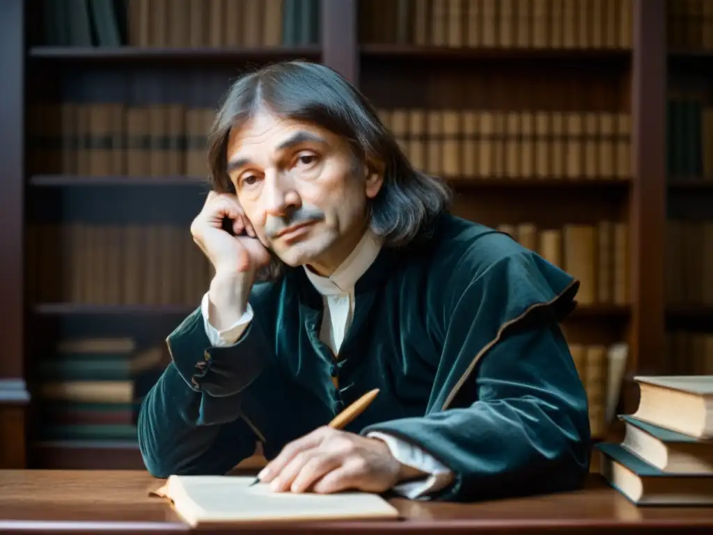René Descartes reflexiona en su escritorio, rodeado de libros y antigüedades, en una toma de decisiones asertivas filosofía