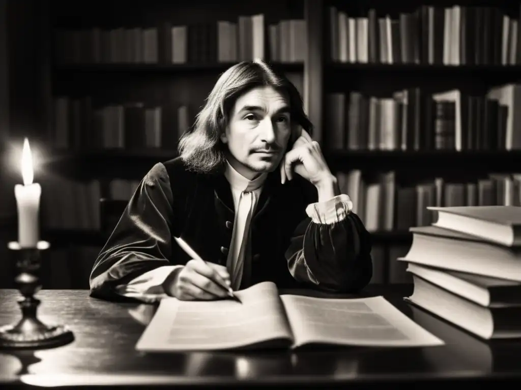René Descartes reflexiona en su estudio iluminado por velas, transmitiendo la intensidad de la toma de decisiones asertivas filosofía