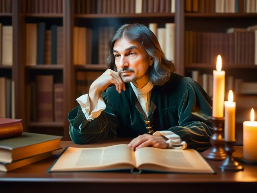 René Descartes reflexiona en su estudio iluminado por velas, rodeado de libros y objetos científicos