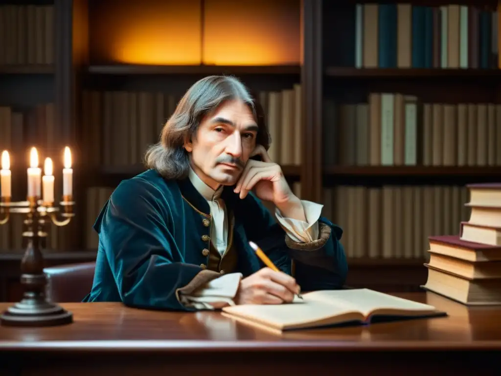 René Descartes reflexiona en un estudio opulento, rodeado de libros e instrumentos científicos, iluminado por la luz de las velas