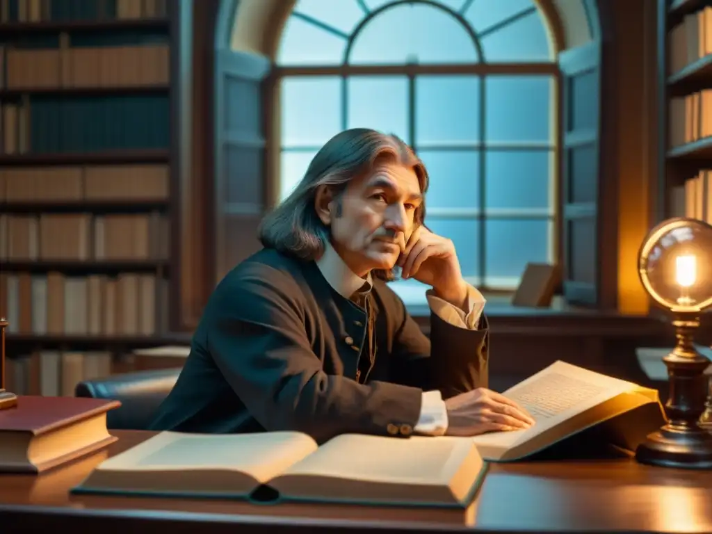 René Descartes inmerso en sus pensamientos frente a su escritorio, rodeado de libros e instrumentos científicos, iluminado por una cálida luz