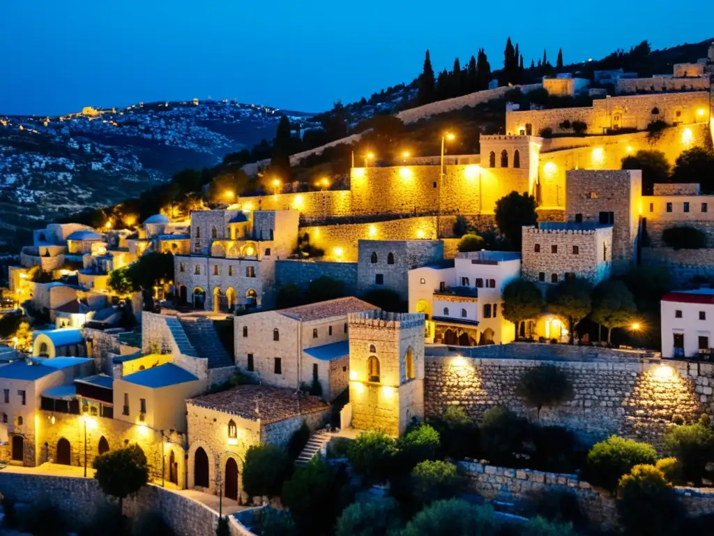 Descubrimiento filosófico de la Kabbalah en Israel: Antigua ciudad de Safed bañada en luz dorada al atardecer, calles de piedra y sinagogas