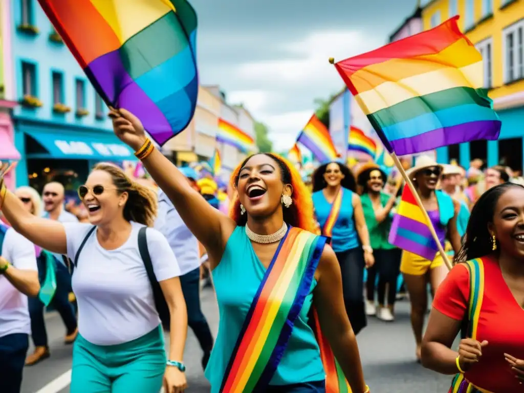 Desfile callejero vibrante y diverso, reflejando utopías queer, diversidad y aceptación