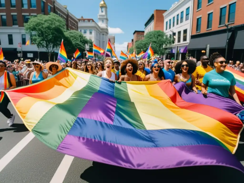 Desfile diverso y alegre en celebración del orgullo LGBTQ+, reflejando la utopía de diversidad y aceptación