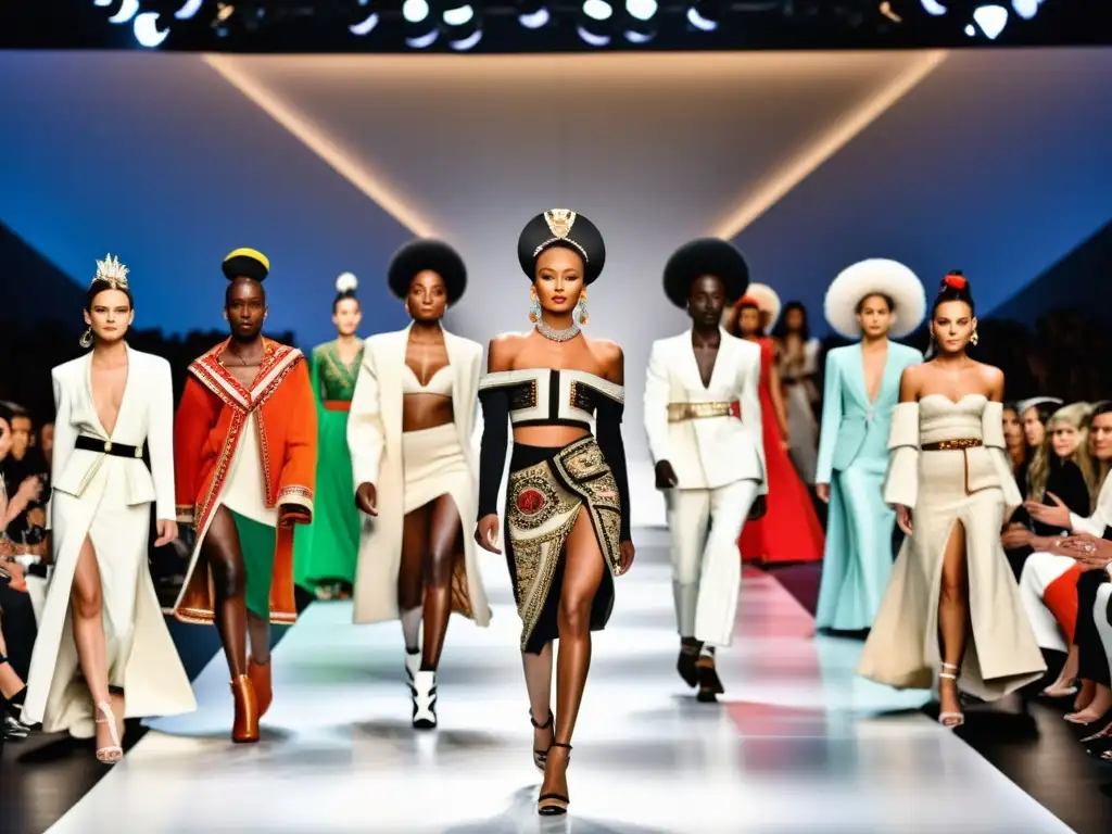 Desfile de moda postmoderna con apropiación cultural, modelos y audiencia reflejan confianza y diversidad