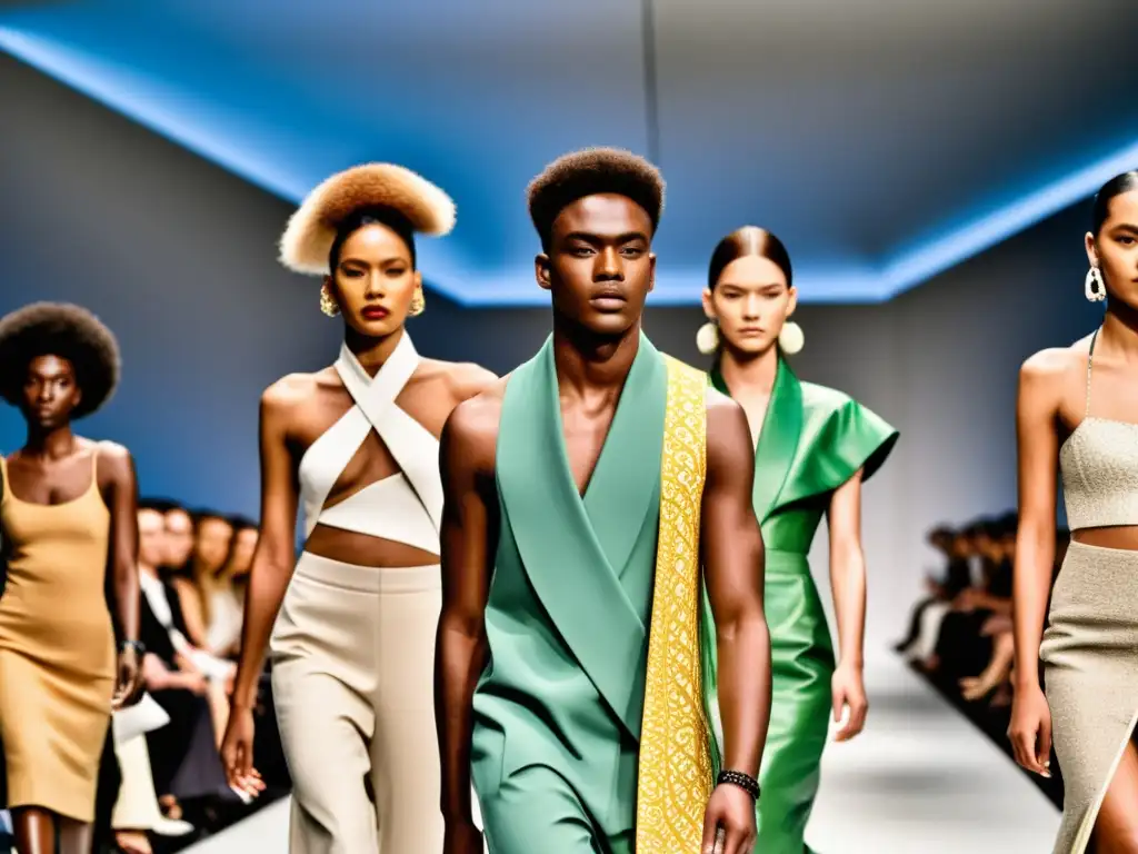 Desfile de moda postmoderna con modelos de diversidad cultural, luciendo diseños vanguardistas