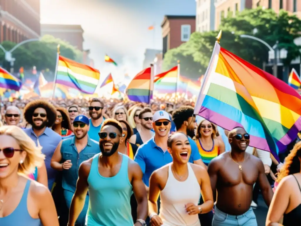 Un desfile del orgullo con gente diversa ondeando banderas LGBTQ+ en un ambiente festivo y colorido
