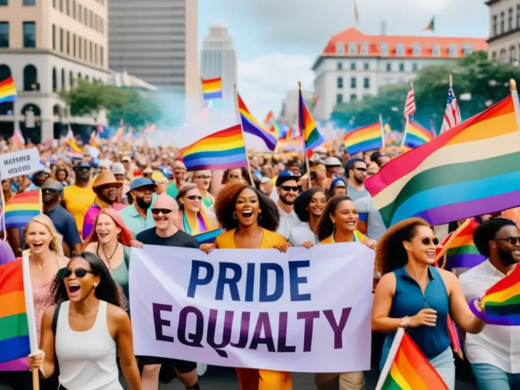 Manifestación en el desfile del orgullo LGBTQ+ con pancartas coloridas y una energía inclusiva, estrategias de resistencia y filosofía queer