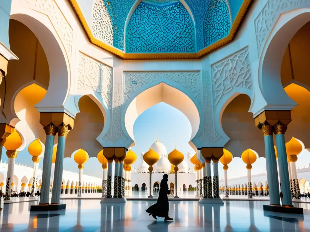 Deslumbrante arquitectura islámica en la Mezquita Sheikh Zayed en Abu Dhabi, reflejando la influencia de la filosofía islámica en el mundo moderno