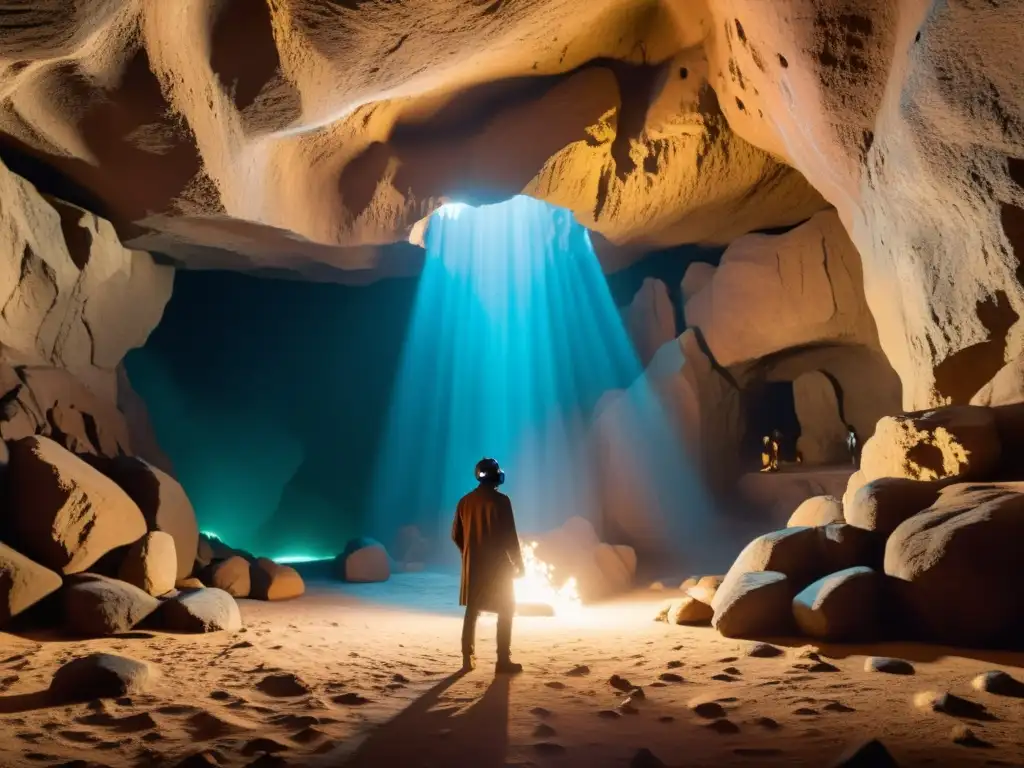 Detallada ilustración 8k de la Alegoría de la Caverna de Platón en realidad virtual, mostrando el viaje de la ignorancia a la iluminación