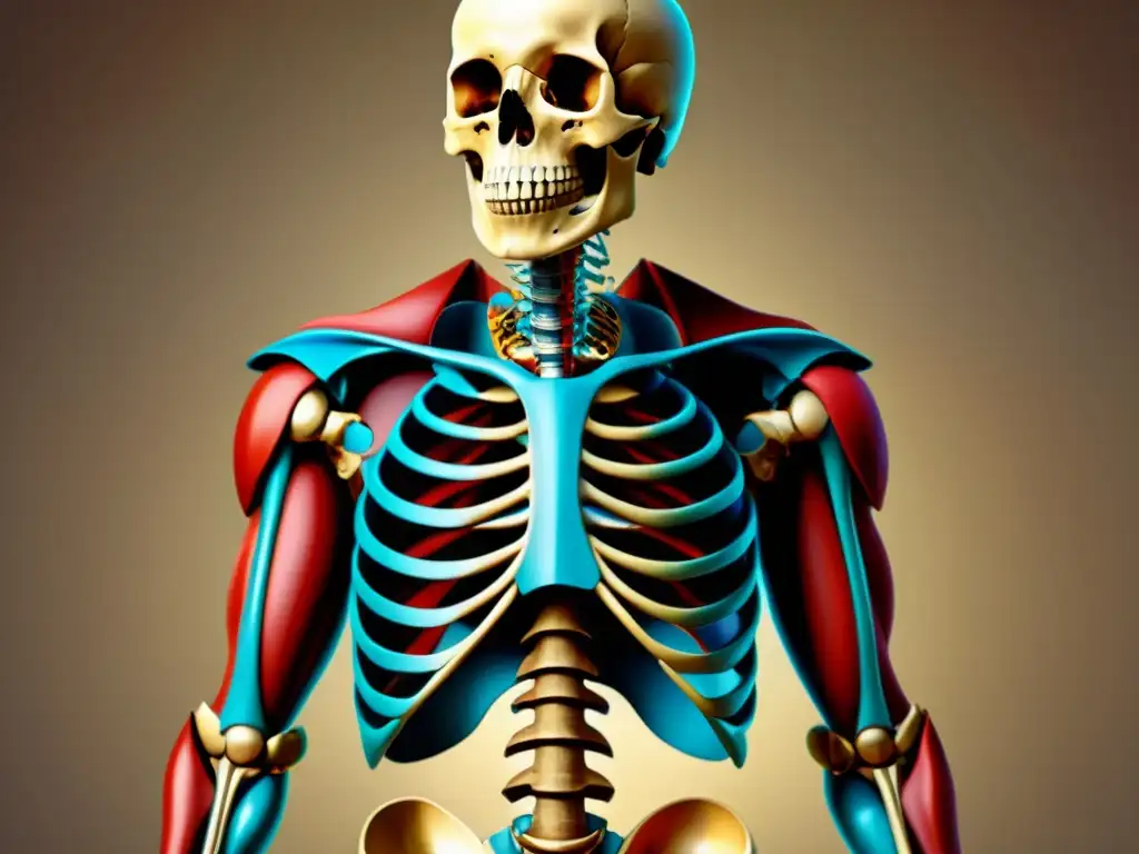 Detallada ilustración anatómica del Renacimiento con esqueleto, músculos y órganos internos en colores vibrantes