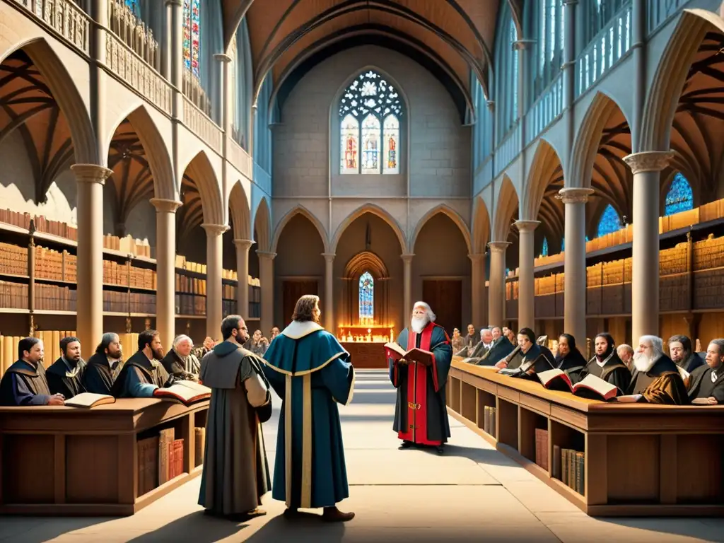Ilustración detallada de un apasionado debate teológico medieval sobre el libre albedrío y la predestinación en una grandiosa catedral, con antiguos manuscritos de fondo y una cálida luz de velas