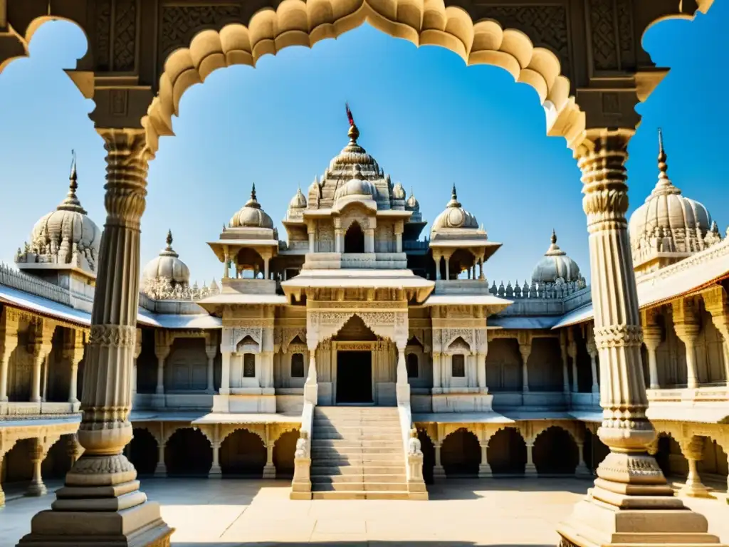 Detallada arquitectura sagrada del Jainismo en el templo de Ranakpur, Rajasthan, bañada por la cálida luz del sol
