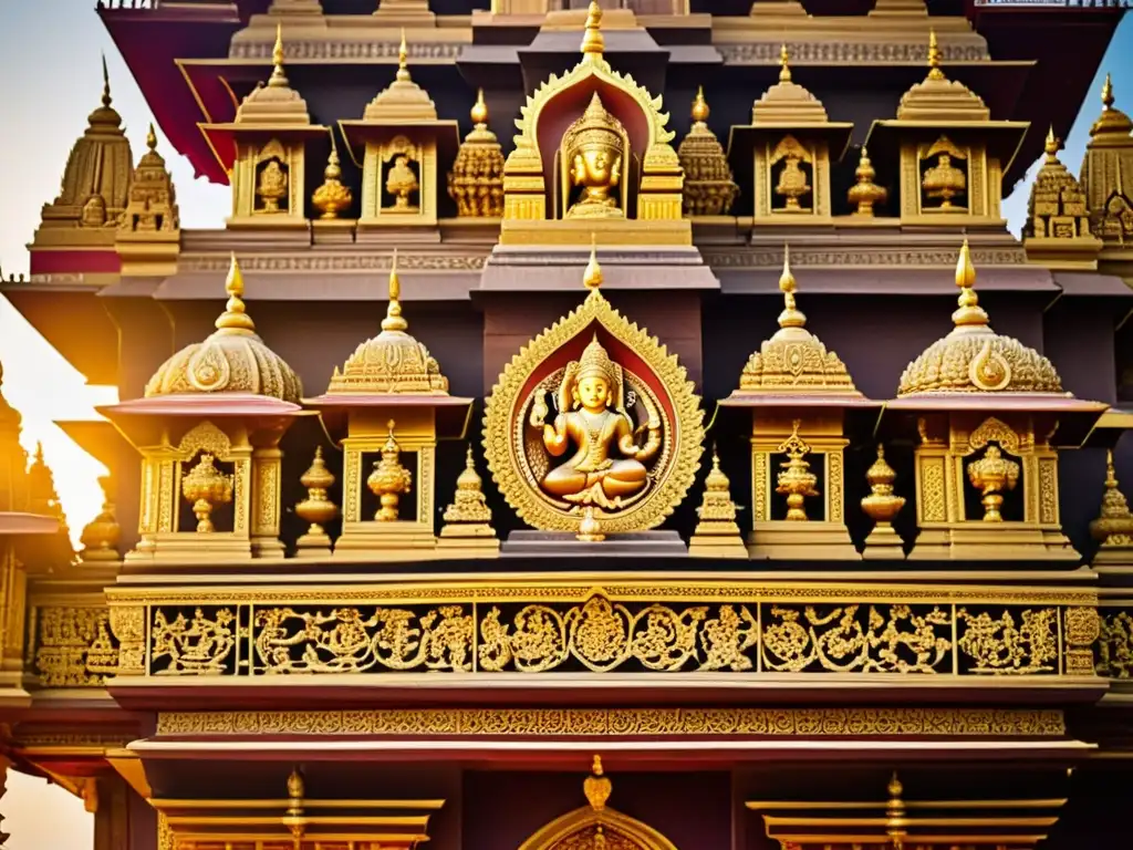Detallada arquitectura de templo hindú con esculturas, mostrando cosmicidad en la estructura y simbolismo