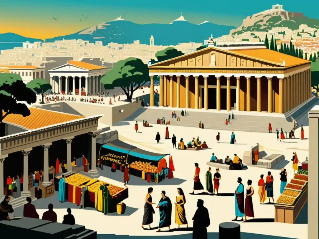 Ilustración detallada de la bulliciosa Ágora de la Antigua Atenas con filósofos en discusión, comerciantes y ciudadanos