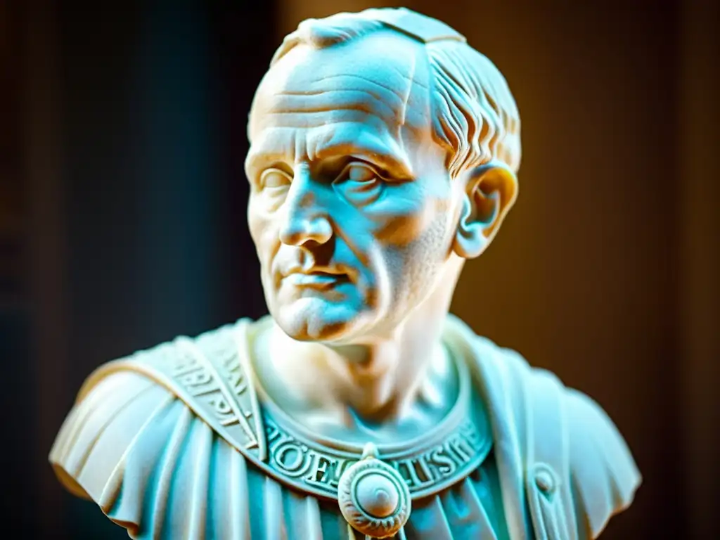 Detallada fotografía de busto de Cicerón, resaltando la artesanía y la expresión de la escultura en mármol