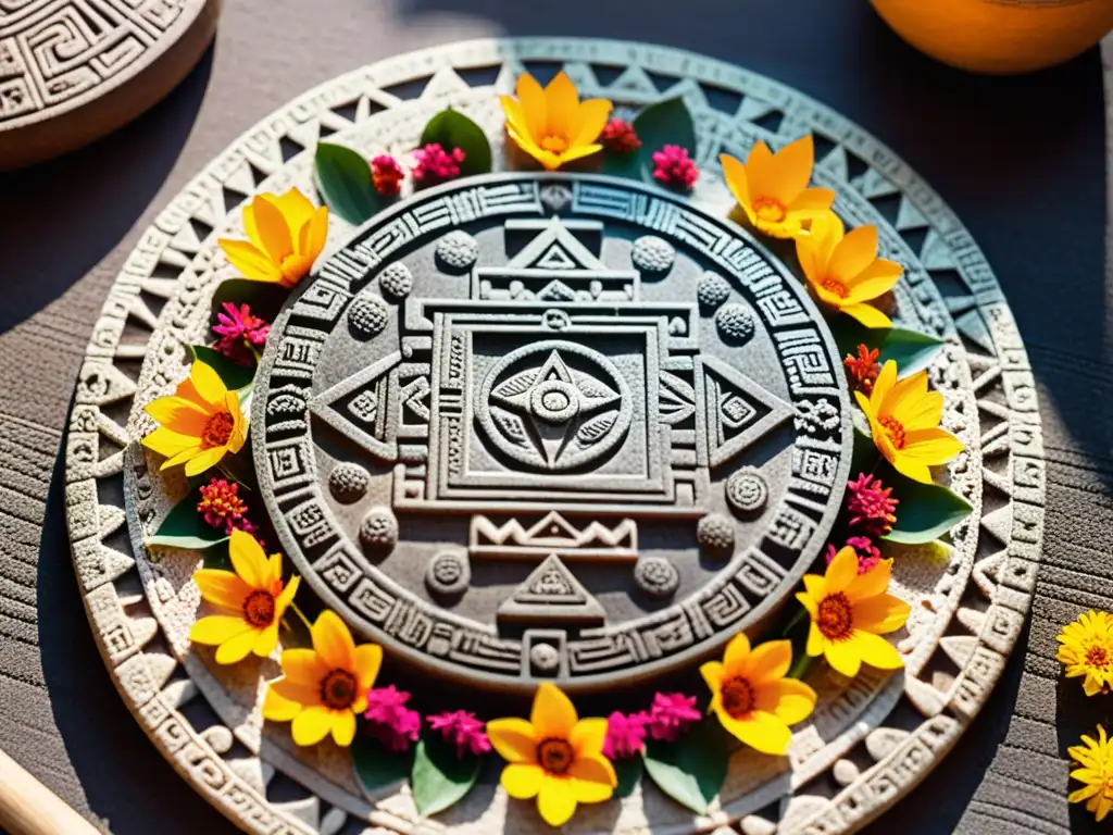 Detallada fotografía de un calendario Azteca esculpido en piedra, con símbolos e incienso, rodeado de ofrendas