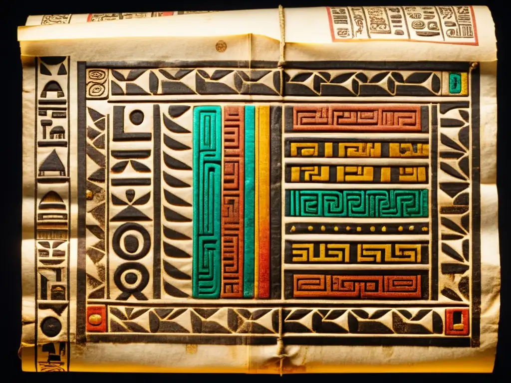 Detallada fotografía de un codex mesoamericano bien conservado, mostrando colores vibrantes, símbolos y jeroglíficos
