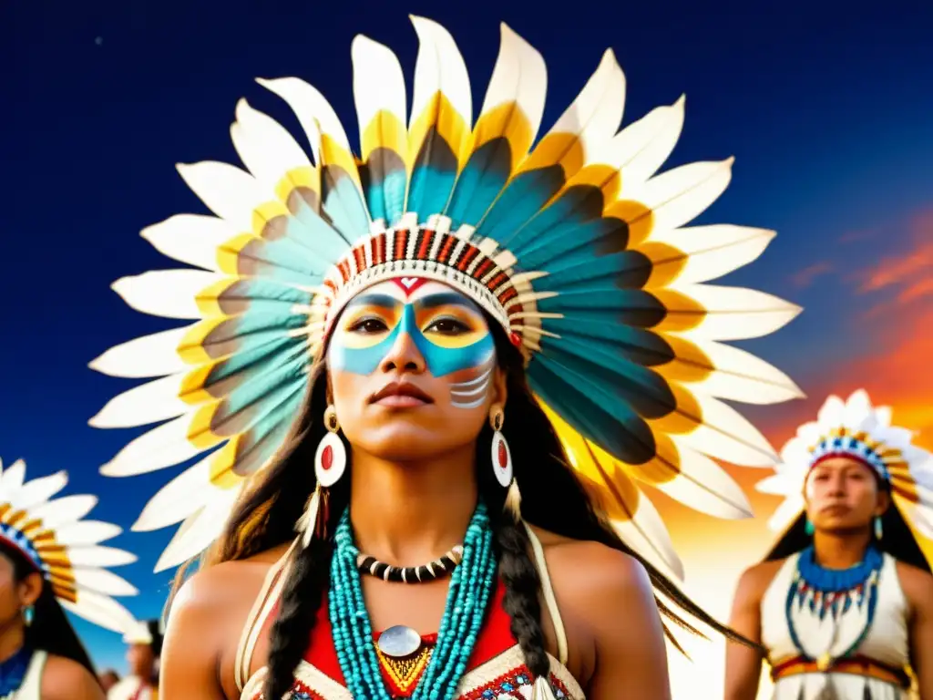 Una fotografía detallada de la Danza del Sol y la Luna, capturando la vibrante ceremonia tribal de las tribus nativas americanas