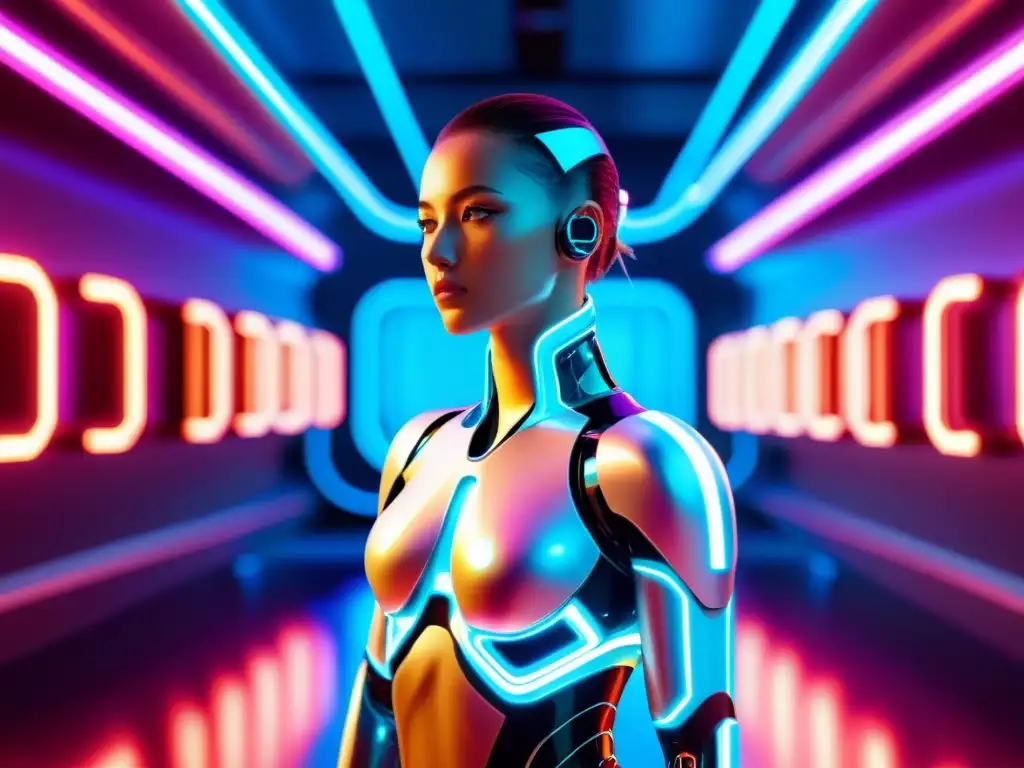 Detallada ilustración digital de persona con mejoras cibernéticas en entorno futurista con luces neón y pantallas holográficas