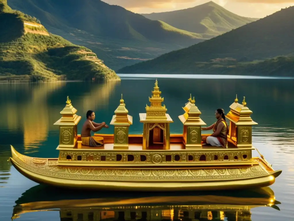 Detallada balsa Muisca dorada en el lago Guatavita, evocando la religión y filosofía de los Muisca con su simbolismo y artesanía