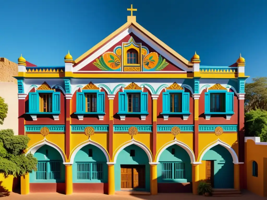 Una fotografía detallada de un edificio postcolonial con simbolismo cultural y murales vibrantes