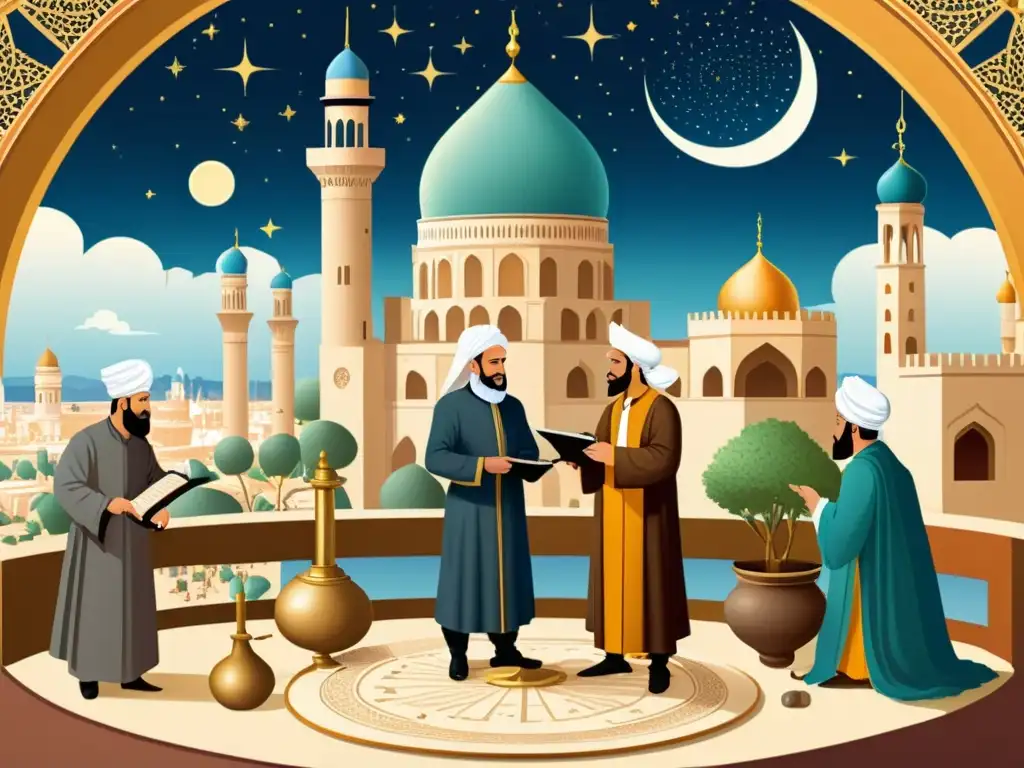 Ilustración detallada de eruditos y científicos islámicos en observatorio medieval, registrando observaciones astronómicas