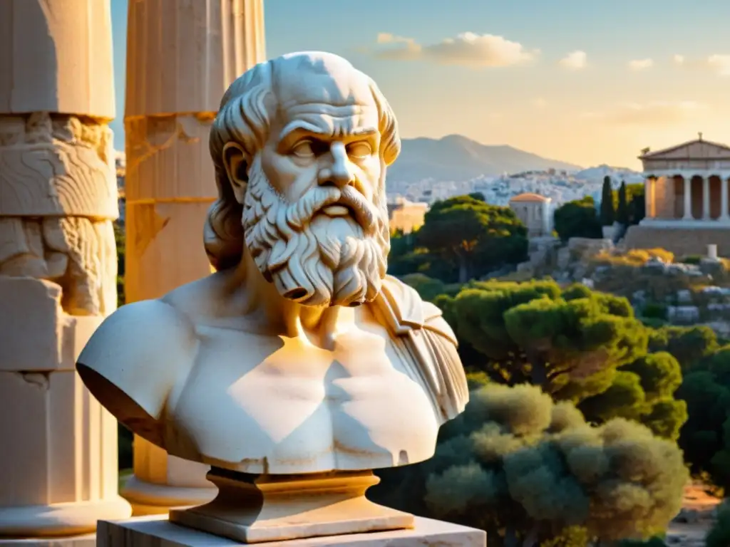 Detallada escultura de mármol de Sócrates en la antigua ágora griega, iluminada por la suave luz del atardecer