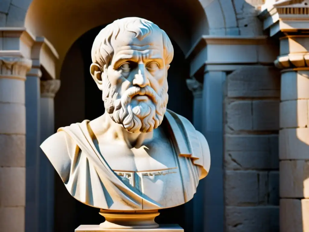Detallada escultura de mármol de Aristóteles frente a ruinas griegas antiguas, evocando el legado de la filosofía griega y estrategias de pensamiento lateral de los filósofos