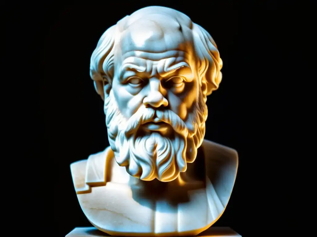 Detallada escultura de mármol de Sócrates, con expresión sabia y profunda